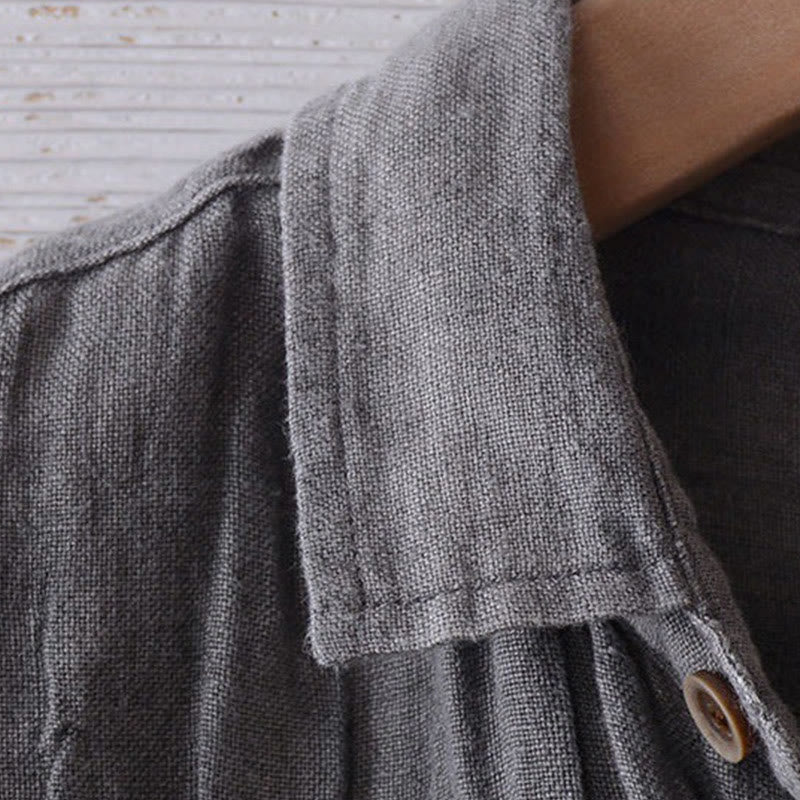 Buddha Stones Men's Shirt Solid Color Lapel Top Short Sleeve Comfy Button Crease Cotton Linen Shirt - image 5