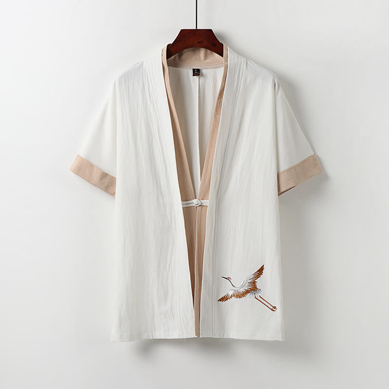 Buddha Stones Fake Two-piece Men's Half Sleeve Cardigan Embroidery Hanfu Comfort Cotton Shirt - White - US/UK/AU54，EU64 (9XL) - image 0