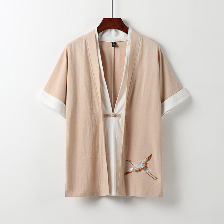 Buddha Stones Fake Two-piece Men's Half Sleeve Embroidery Hanfu Comfort Cotton Kimono - PeachPuff - US/UK/AU54，EU64 (9XL) - image 12