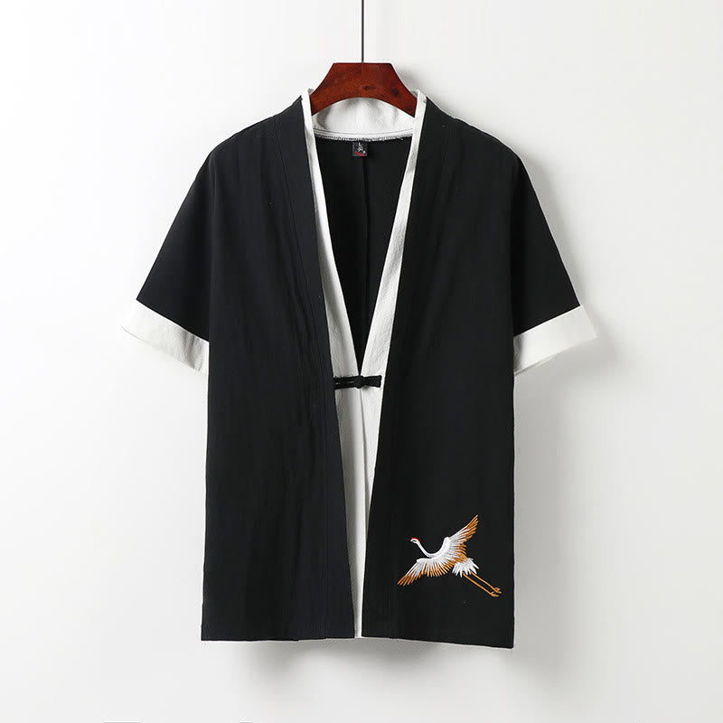Buddha Stones Fake Two-piece Men's Half Sleeve Cardigan Embroidery Hanfu Comfort Cotton Shirt - Black - US/UK/AU54，EU64 (9XL) - image 1