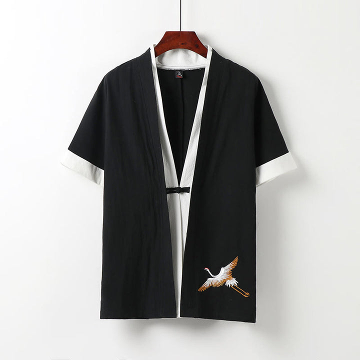 Buddha Stones Fake Two-piece Men's Half Sleeve Cardigan Embroidery Hanfu Comfort Cotton Shirt - Black - US/UK/AU54，EU64 (9XL) - image 1