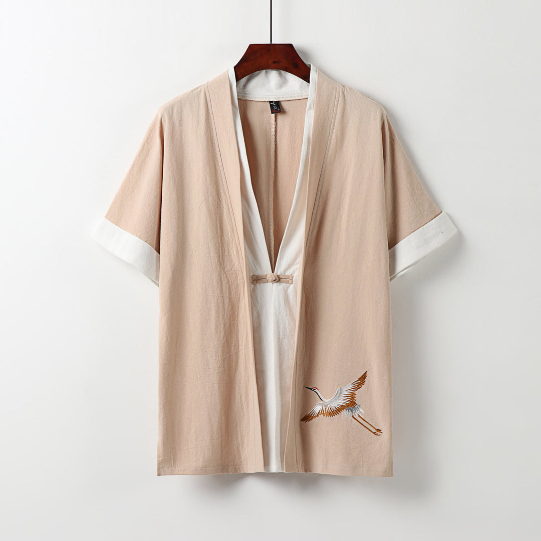 Buddha Stones Fake Two-piece Men's Half Sleeve Cardigan Embroidery Hanfu Comfort Cotton Shirt - PeachPuff - US/UK/AU54，EU64 (9XL) - image 12