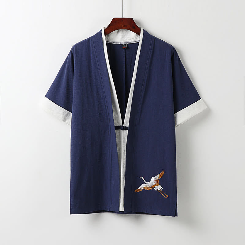 Buddha Stones Fake Two-piece Men's Half Sleeve Cardigan Embroidery Hanfu Comfort Cotton Shirt - DarkBlue - US/UK/AU54，EU64 (9XL) - image 2