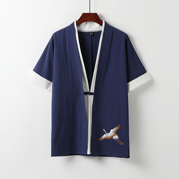 Buddha Stones Fake Two-piece Men's Half Sleeve Cardigan Embroidery Hanfu Comfort Cotton Shirt - DarkBlue - US/UK/AU54，EU64 (9XL) - image 2