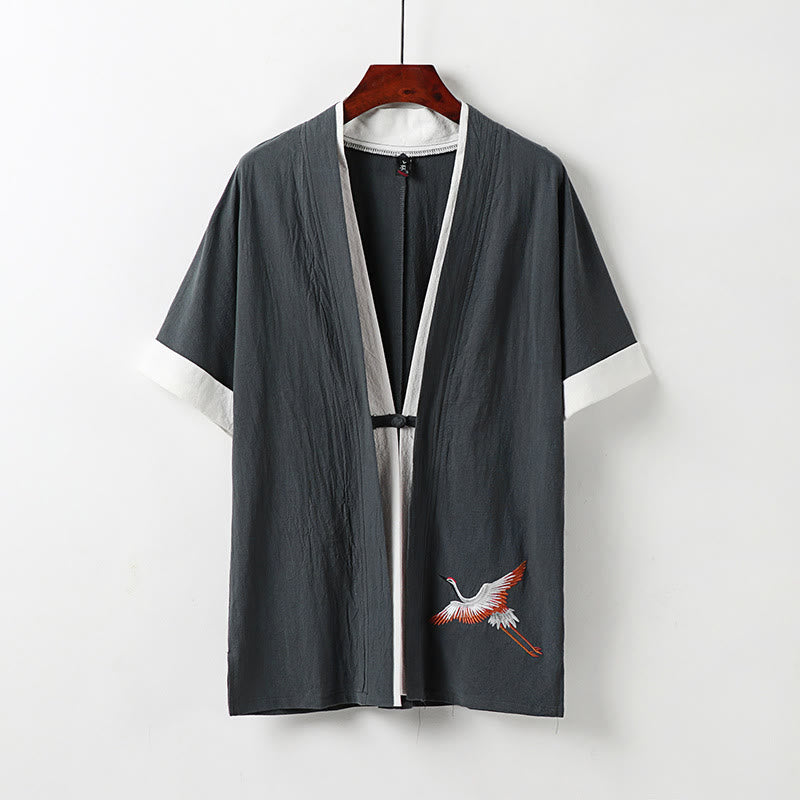 Buddha Stones Fake Two-piece Men's Half Sleeve Cardigan Embroidery Hanfu Comfort Cotton Kimono - Gray - US/UK/AU54，EU64 (9XL) - image 11