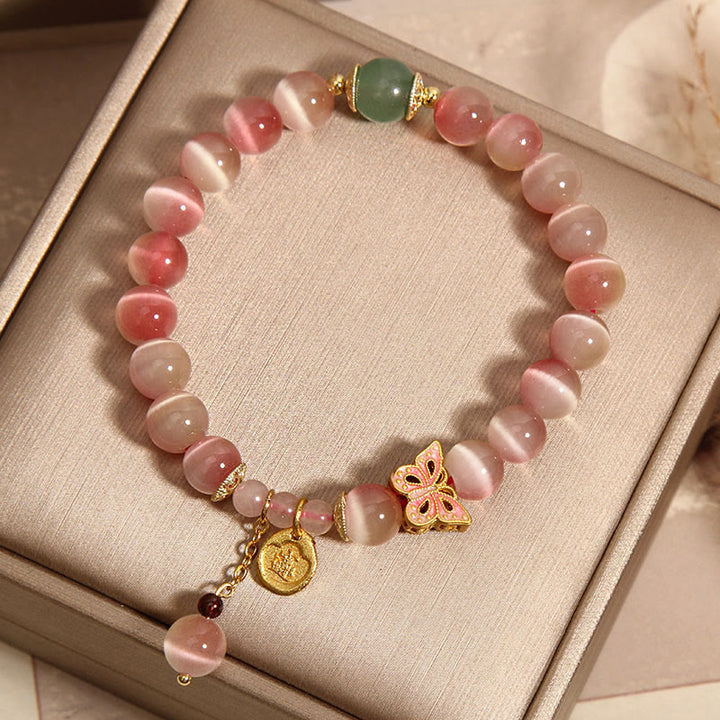 Buddha Stones Gradient Pink Cat's Eye Butterfly Peace Bracelet