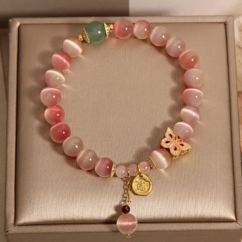 Buddha Stones Gradient Pink Cat's Eye Butterfly Peace Bracelet