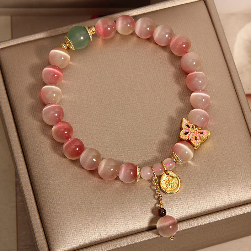 Buddha Stones Gradient Pink Cat's Eye Butterfly Peace Bracelet