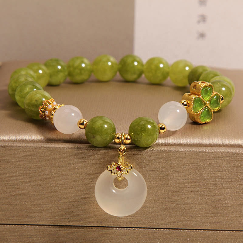 Buddha Stones Green Tourmaline Chalcedony Four Leaf Clover Peace Buckle Charm Wisdom Bracelet