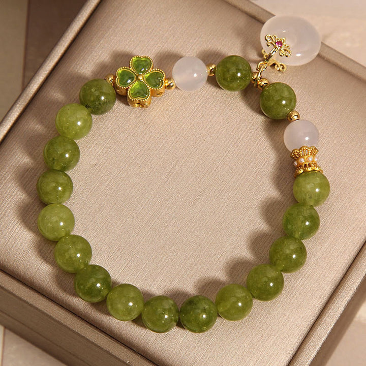 Buddha Stones Green Tourmaline Chalcedony Four Leaf Clover Peace Buckle Charm Wisdom Bracelet