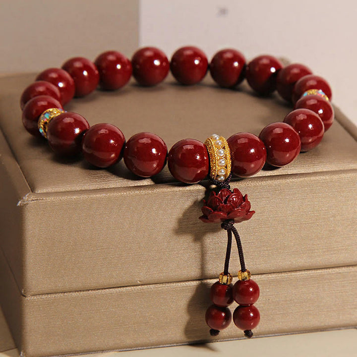 Buddha Stones Cinnabar Lotus Blessing Charm Bracelet