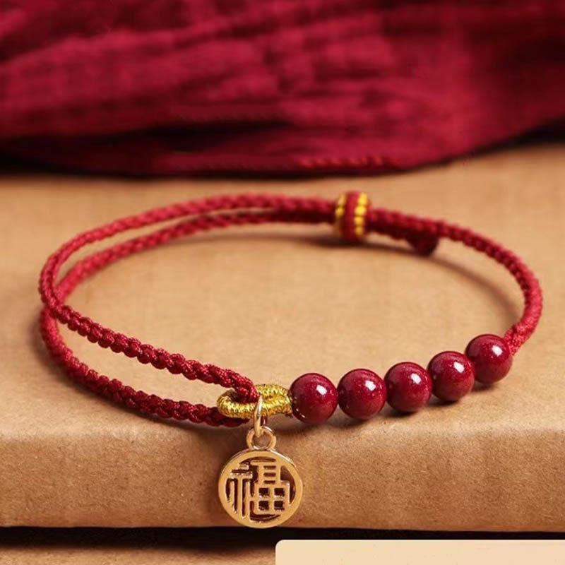 Buddha Stones Cinnabar Fu Character Beads Blessing Red String Handmade Braided Bracelet