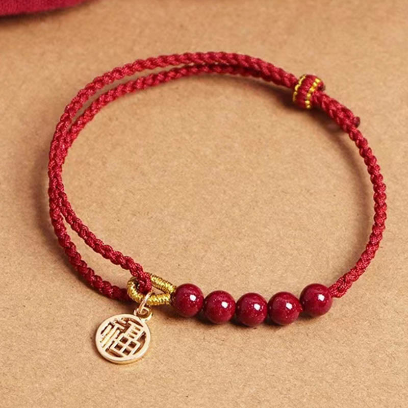 Buddha Stones Cinnabar Fu Character Beads Blessing Red String Handmade Braided Bracelet