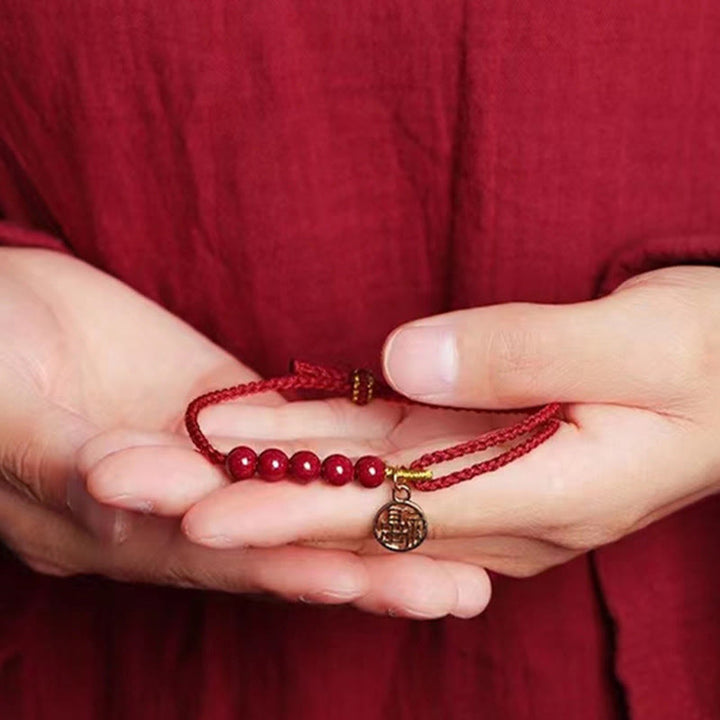 Buddha Stones Cinnabar Fu Character Beads Blessing Red String Handmade Braided Bracelet