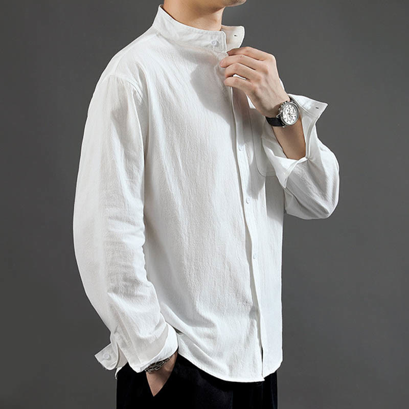 Buddha Stones Men's Long Sleeve Shirt With Pocket Stand Collar Comfort Linen Shirt