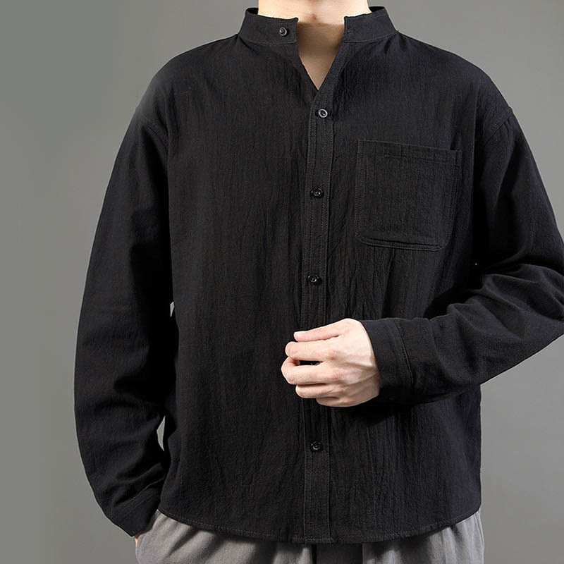Buddha Stones Men's Long Sleeve Shirt With Pocket Stand Collar Comfort Linen Shirt - image 19