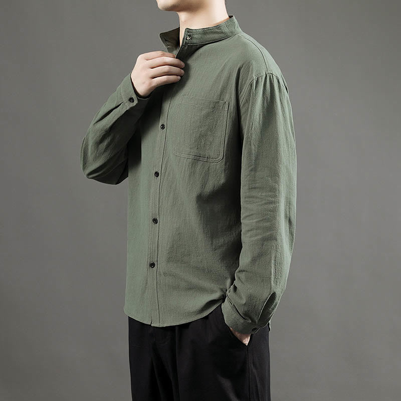 Buddha Stones Men's Long Sleeve Shirt With Pocket Stand Collar Comfort Linen Shirt