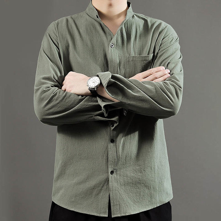 Buddha Stones Men's Long Sleeve Shirt With Pocket Stand Collar Comfort Shirt - image 6