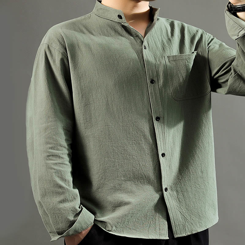Buddha Stones Men's Long Sleeve Shirt With Pocket Stand Collar Comfort Shirt - image 4