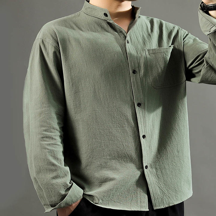Buddha Stones Men's Long Sleeve Shirt With Pocket Stand Collar Comfort Shirt - image 4