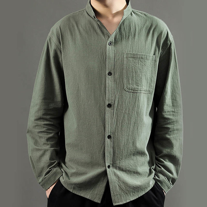 Buddha Stones Men's Long Sleeve Shirt With Pocket Stand Collar Comfort Linen Shirt - image 2