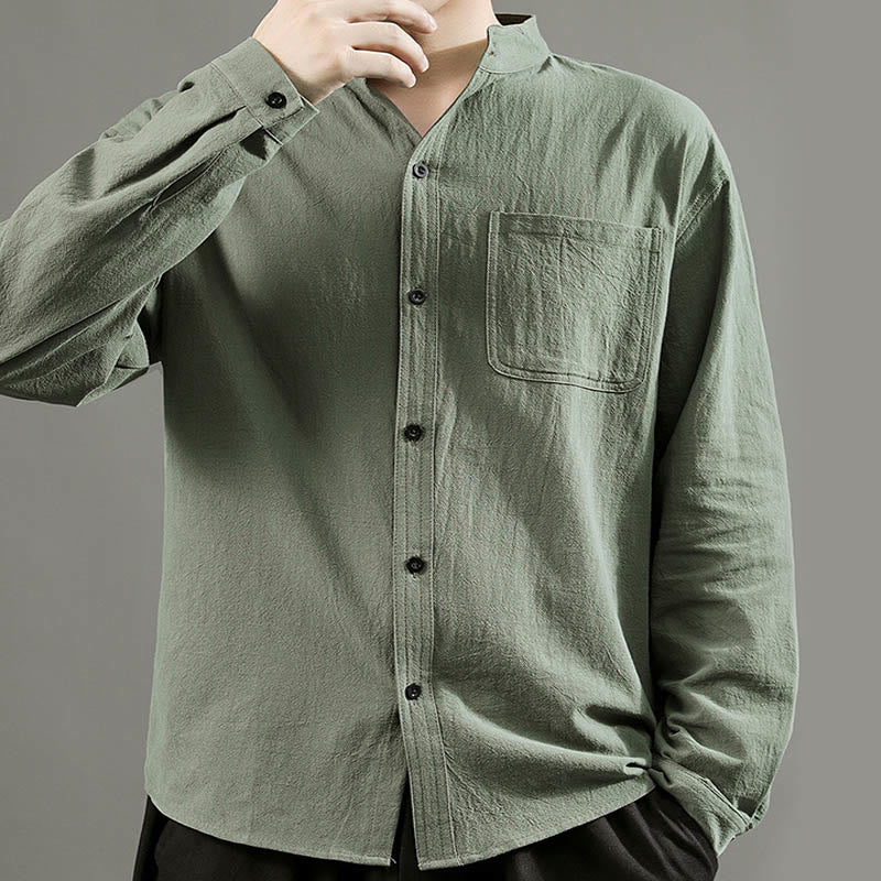 Buddha Stones Men's Long Sleeve Shirt With Pocket Stand Collar Comfort Linen Shirt