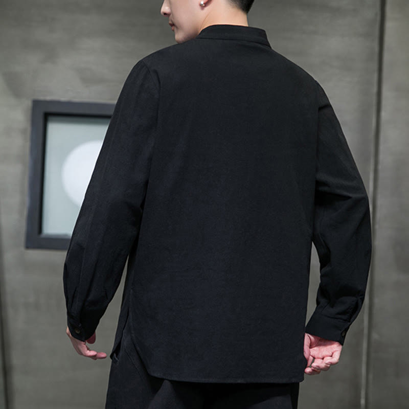 Buddha Stones Men's Long Sleeve Shirt Stand Collar Comfort Cotton Linen Shirt - image 15