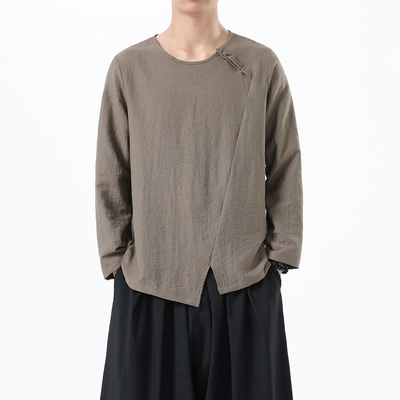 Buddha Stones Men's Long Sleeve Round Collar Comfort Cotton Linen Shirt - Tan - US/UK/AU46，EU56 (5XL) - image 0