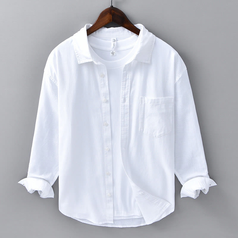 Buddha Stones Men's Long Sleeve Turn-down Collar With Pocket Pure Color Comfortable Cotton Shirt - White - US/UK/AU42，EU52 (3XL) - image 12