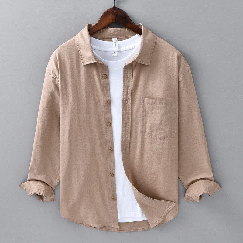 Buddha Stones Men's Long Sleeve Turn-down Collar With Pocket Pure Color Comfortable Cotton Shirt - BurlyWood - US/UK/AU42，EU52 (3XL) - image 20