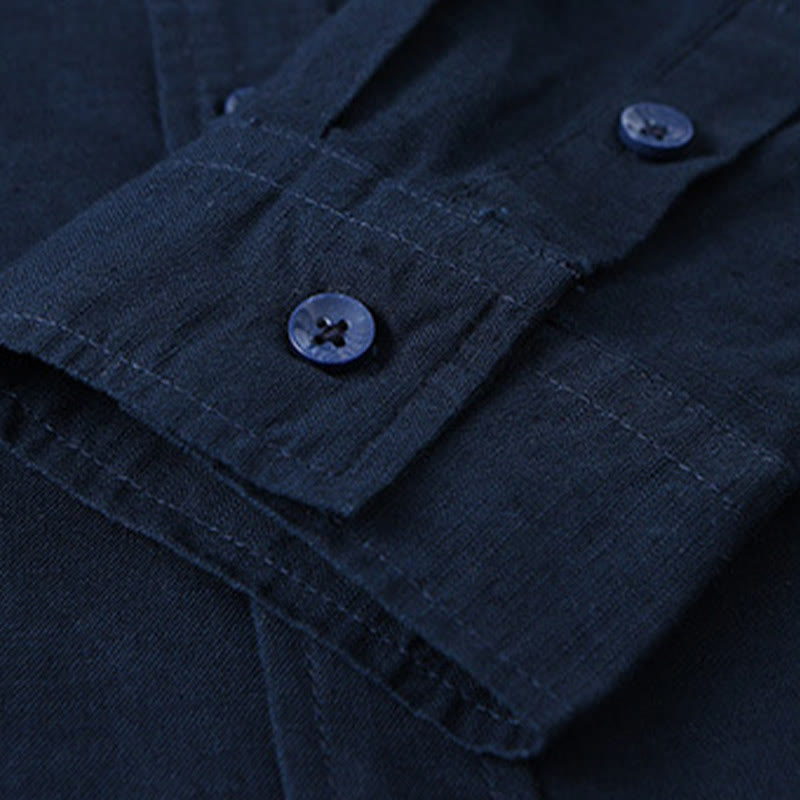 Buddha Stones Men's Long Sleeve Turn-down Collar With Pocket Pure Color Comfortable Cotton Shirt - image 38