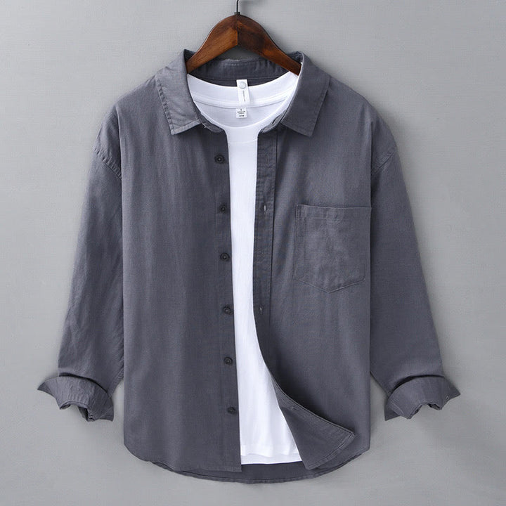 Buddha Stones Men's Long Sleeve Turn-down Collar With Pocket Pure Color Comfortable Cotton Shirt - DimGray - US/UK/AU42，EU52 (3XL) - image 28
