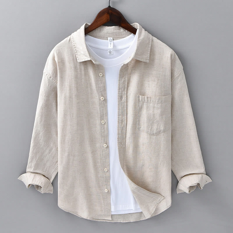 Buddha Stones Men's Long Sleeve Turn-down Collar With Pocket Pure Color Comfortable Cotton Shirt - PapayaWhip - US/UK/AU42，EU52 (3XL) - image 0