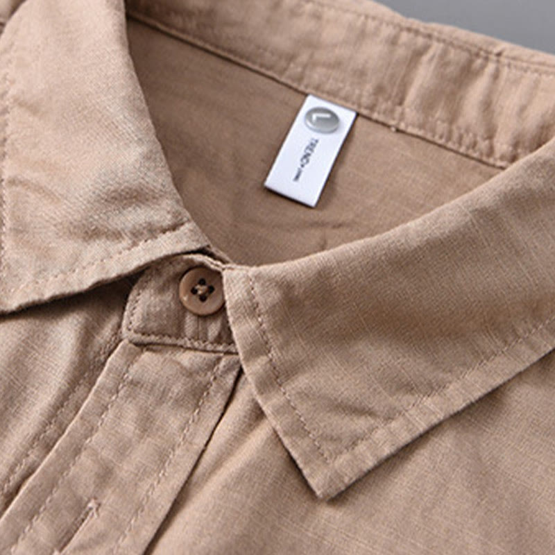 Buddha Stones Men's Long Sleeve Turn-down Collar With Pocket Pure Color Comfortable Cotton Shirt - image 21