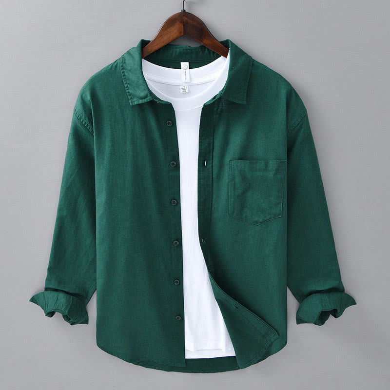 Buddha Stones Men's Long Sleeve Turn-down Collar With Pocket Pure Color Comfortable Cotton Shirt - DarkGreen - US/UK/AU42，EU52 (3XL) - image 24