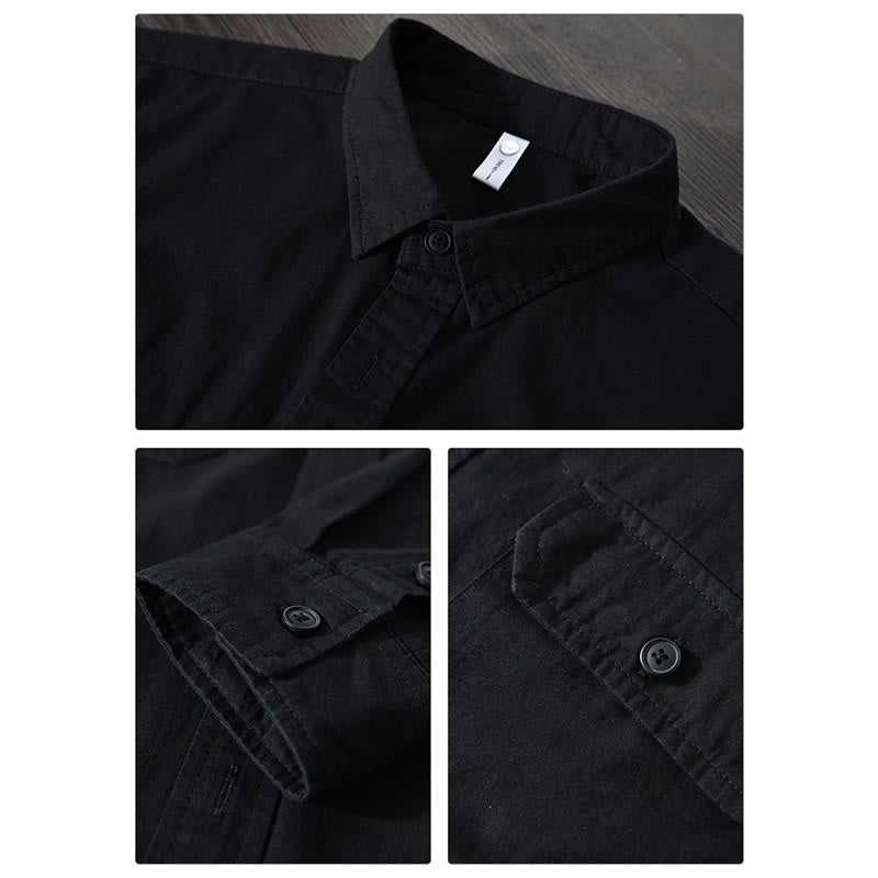 Buddha Stones Men's Long Sleeve Turn-down Collar With Pocket Pure Color Casual Cotton Shirt - image 16