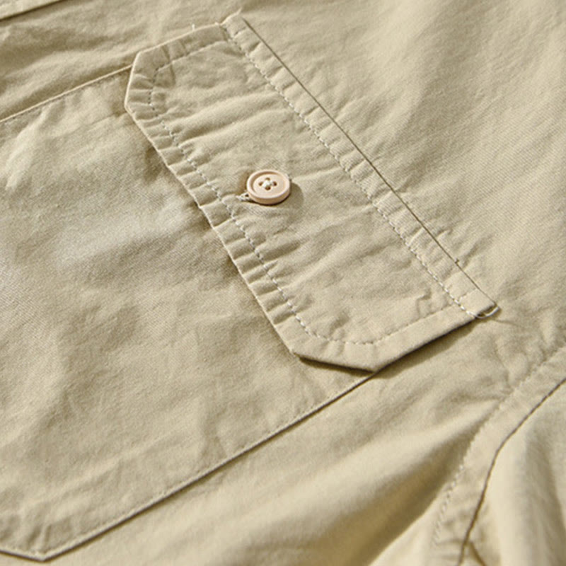 Buddha Stones Men's Long Sleeve Turn-down Collar With Pocket Pure Color Casual Cotton Shirt - image 4