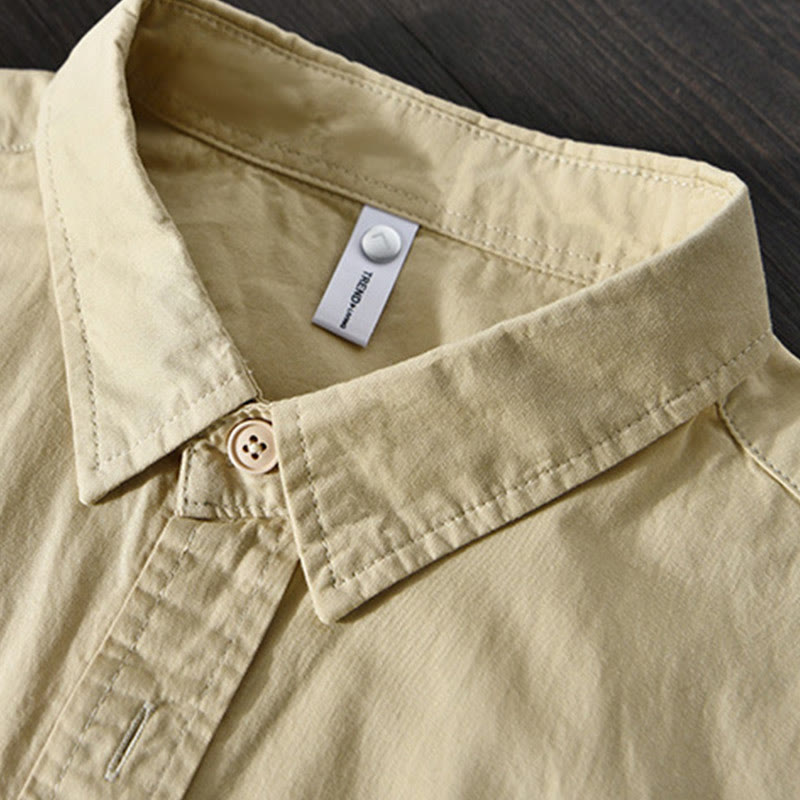 Buddha Stones Men's Long Sleeve Turn-down Collar With Pocket Pure Color Casual Cotton Shirt - image 3