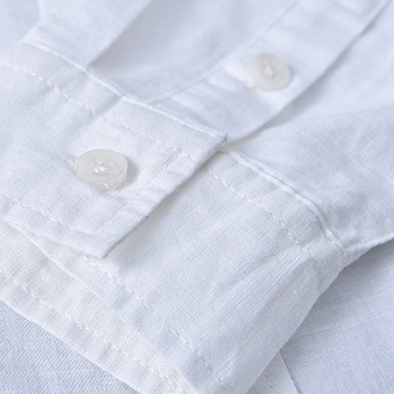 Buddha Stones Men's Long Sleeve Stand Collar With Pocket Pure Color Casual Cotton Linen Shirt - image 7