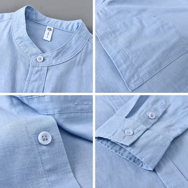 Buddha Stones Men's Long Sleeve Stand Collar With Pocket Pure Color Casual Cotton Linen Shirt - image 10