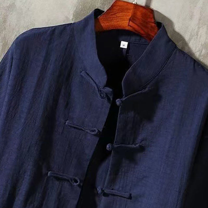 Buddha Stones Men's Tang Long Sleeve Shirt Frog Button With Pocket Stand Collar Comfort Linen Shirt - image 9