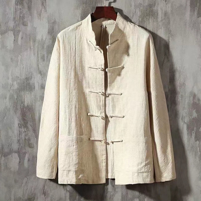 Buddha Stones Men's Tang Long Sleeve Shirt Frog Button With Pocket Stand Collar Comfort Linen Shirt - Cornsilk - US/UK/AU46，EU56 (5XL) - image 10