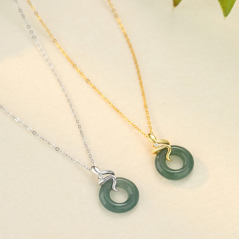 Buddha Stones 925 Sterling Silver 18K Gold Jade Peace Buckle Spirit Snake Peace Necklace Pendant - image 5