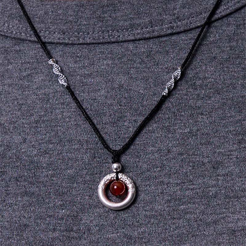 Buddha Stones 999 Sterling Silver Red Agate Peace Buckle Blessing Necklace Pendant