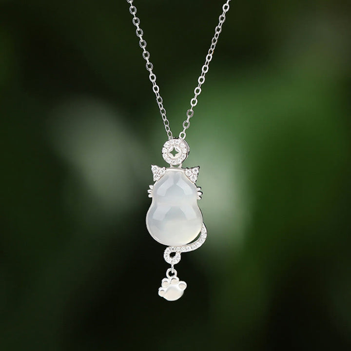 Buddha Stones 925 Sterling Silver 14k Gold White Jade Gourd Cat Protection Necklace Pendant