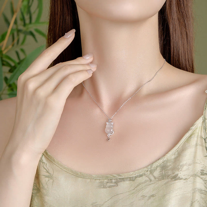 Buddha Stones 925 Sterling Silver Plated 14k Gold White Jade Gourd Cat Protection Necklace Pendant - image 7