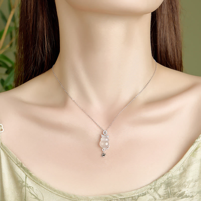 Buddha Stones 925 Sterling Silver Plated 14k Gold White Jade Gourd Cat Protection Necklace Pendant - image 3