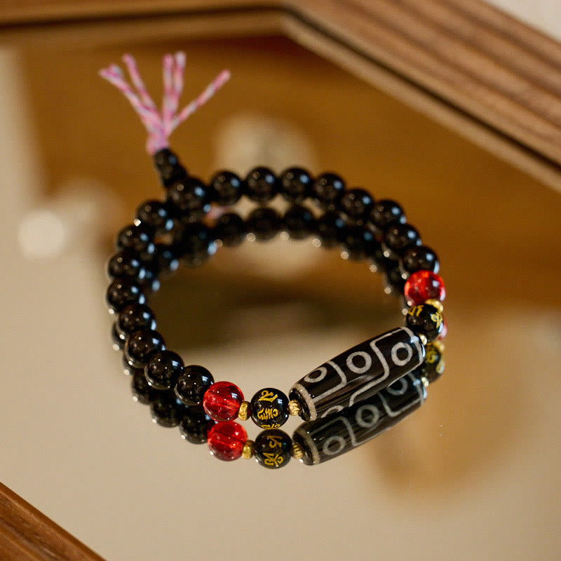 Buddha Stones Tibetan Nine-eye Dzi Bead Black Onyx Six True Words Wealth Protection Bracelet