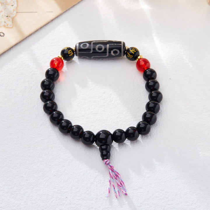 Buddha Stones Tibetan Nine-eye Dzi Bead Black Onyx Six True Words Wealth Protection Bracelet