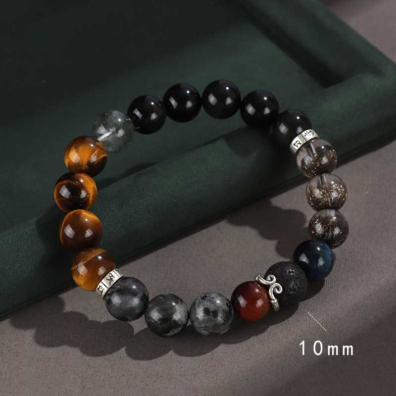 Buddha Stones 925 Sterling Silver Black Onyx Gold Sheen Obsidian Lava Rock Tiger Eye Six True Words Wealth Protection Bracelet